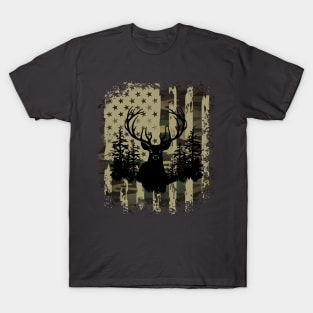 Camo US Flag Deer Elk Buck Camoflage Hunting Hunter Dad Gift T-Shirt